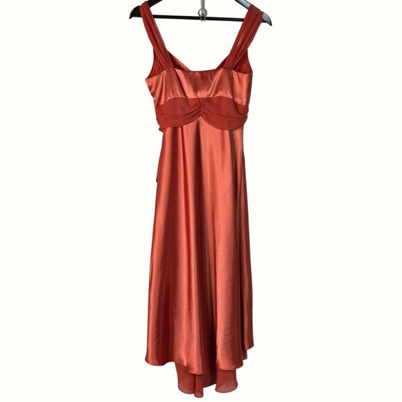 Davids Bridal Size 6 Rustic Orange Satin High-Low Bridesmaids Dress - Picture 2 of 7